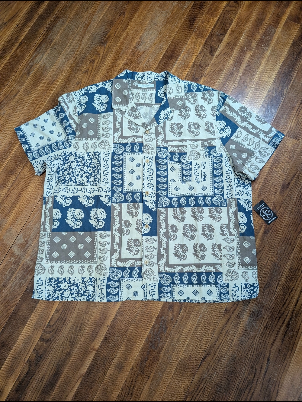 Lucky Brand Men's XXL Linen Blend Short Sleeve Button Front Shirt Blue Paisley